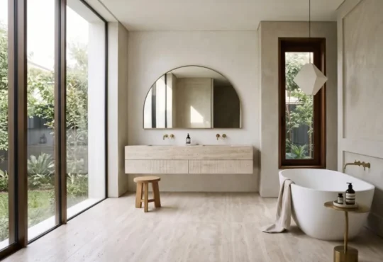 Minimalist bathroom with floating travertine vanity, freestanding tub, arched mirror, and warm neutral finishes.
