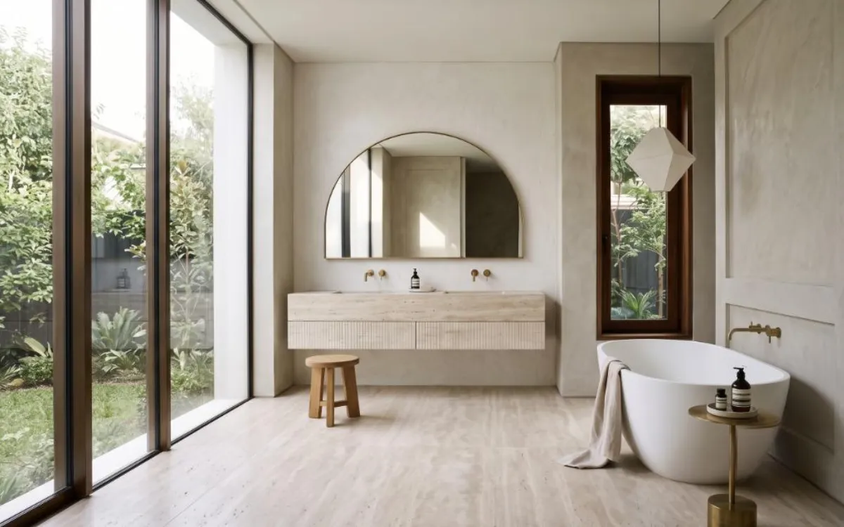 Minimalist bathroom with floating travertine vanity, freestanding tub, arched mirror, and warm neutral finishes.