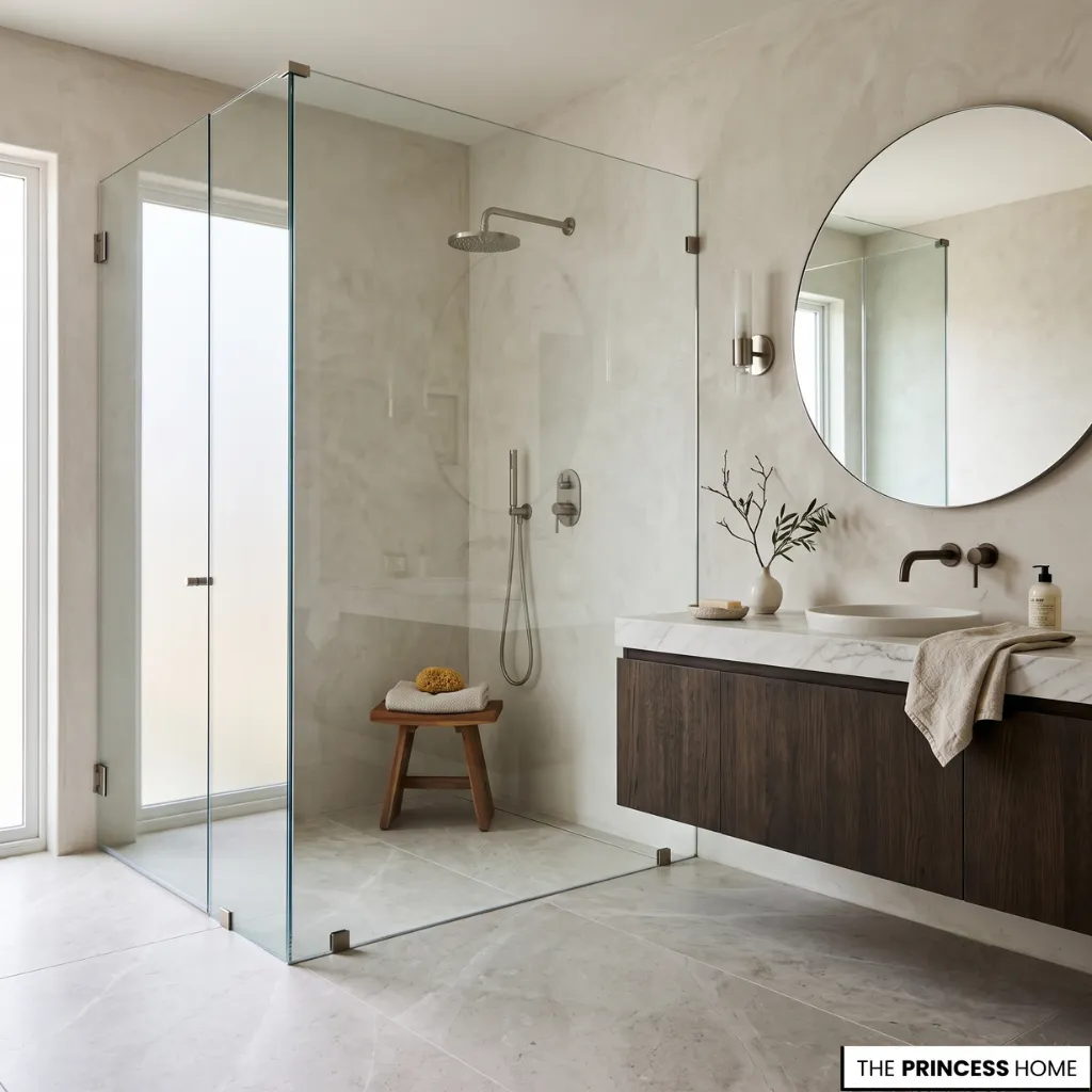 Minimalist organic bathroom featuring a frameless glass walk-in shower with nickel hardware