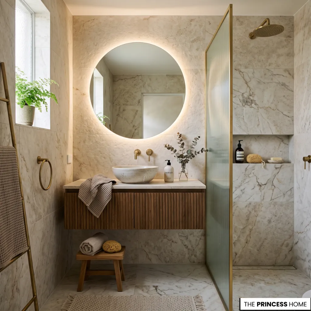 Modern compact bathroom design featuring a round backlit mirror, fluted wooden floating vanity