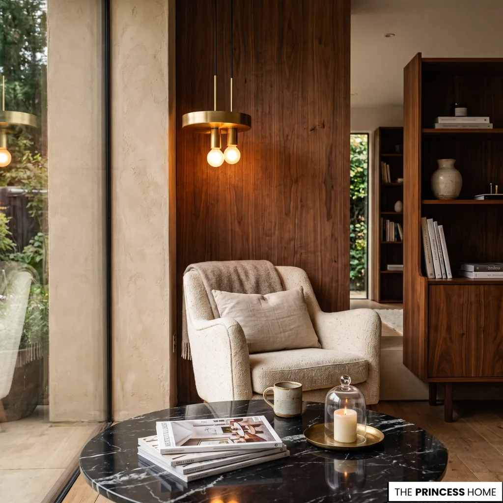 Cozy reading nook featuring a cream boucle armchair, black marble coffee table, wood paneling, and brass pendant light.