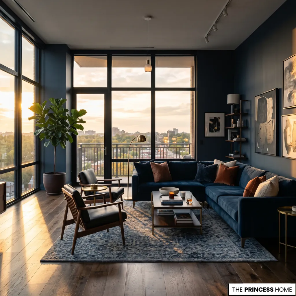 Modern dark blue living room with floor-to-ceiling windows, velvet sectional, and warm sunset light.
