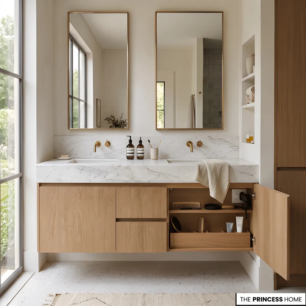 Modern double wood bathroom vanity with marble countertop, brass faucets, and built-in storage.