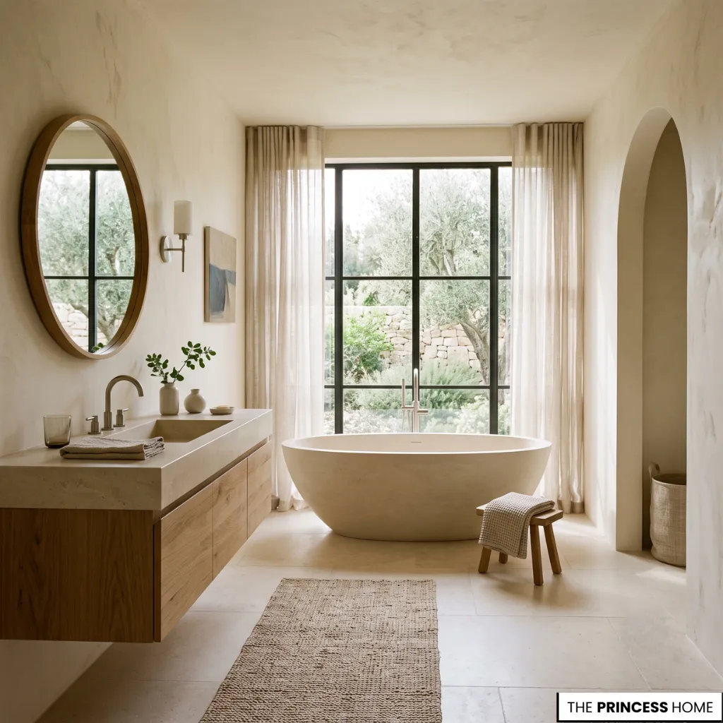 Modern bathroom with freestanding bathtub, wood vanity, large window, and warm neutral finishes.