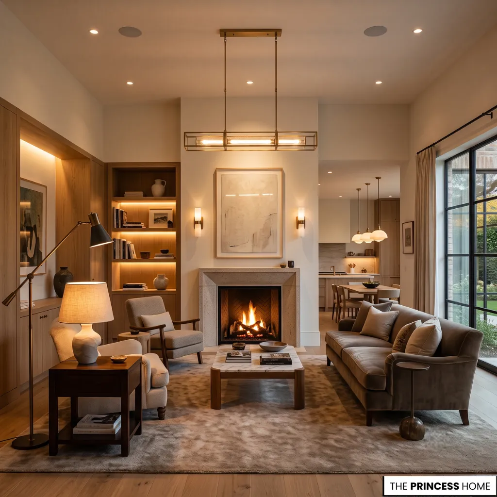 Modern living room with layered lighting, stone fireplace, neutral furniture, and warm wood built-in shelving.