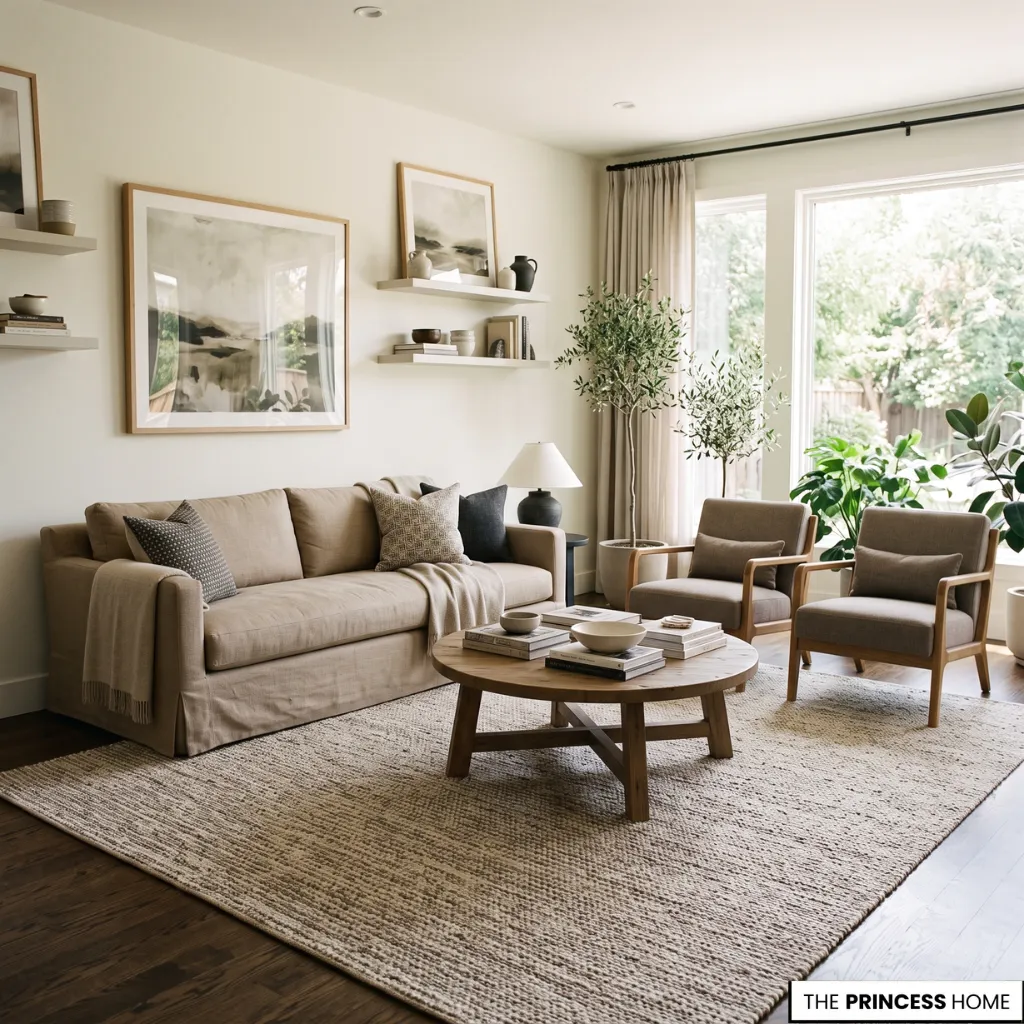 A modern neutral living room featuring a beige sofa, wooden coffee table, and woven rug.