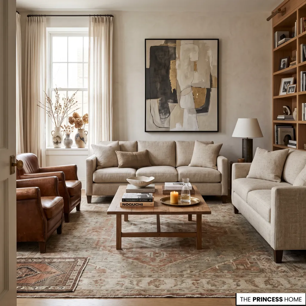 Elegant neutral living room with beige sofas, brown leather armchairs, a wooden coffee table, and abstract wall art.