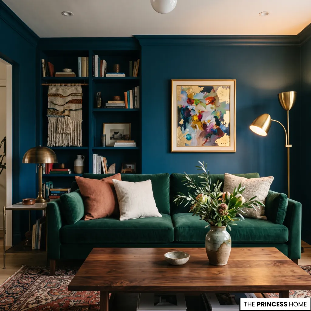Teal living room featuring a green velvet sofa, wooden coffee table, built-in bookshelves, and gold lamps.