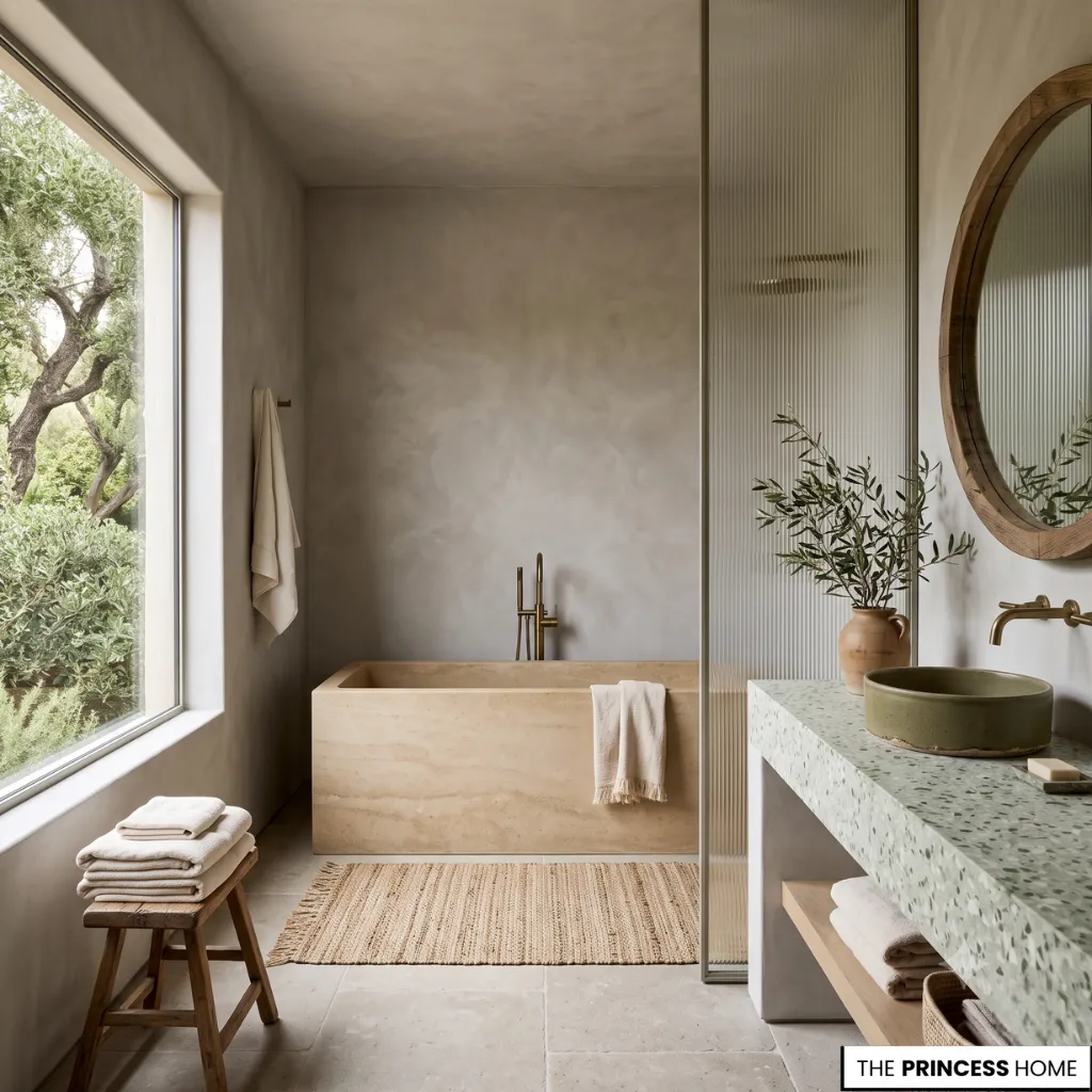 Modern bathroom with travertine bathtub, terrazzo vanity, fluted glass shower, and warm neutral finishes.