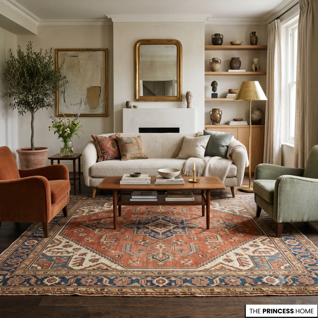Elegant living room with a textured sofa, terracotta velvet armchair, gold mirror, and vintage patterned area rug.
