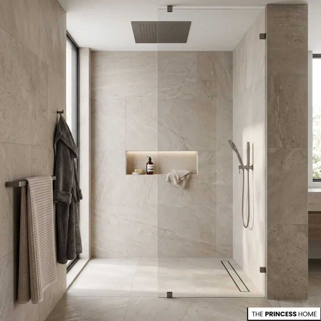 Modern walk-in shower with large porcelain tiles, glass enclosure, rainfall showerhead, and recessed niche.