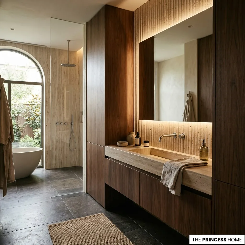 Modern luxury bathroom featuring a walnut floating vanity, integrated stone sink, LED backlit mirror, glass shower, and freestanding tub.