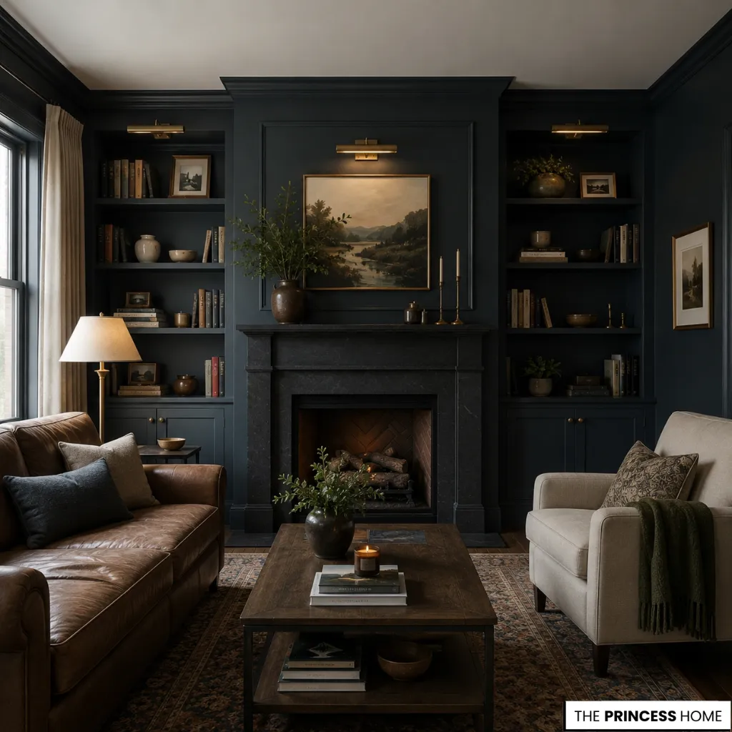 Moody navy living room with a dark fireplace, built-in shelves, leather sofa, and warm ambient lighting.