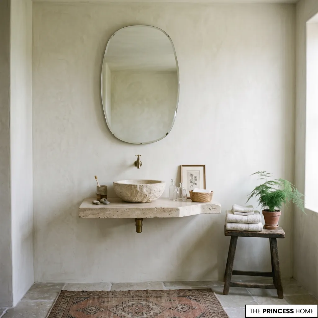 Minimalist bathroom featuring a floating natural stone vanity, carved stone vessel sink, organic mirror, limewash walls, and warm spa-inspired decor.