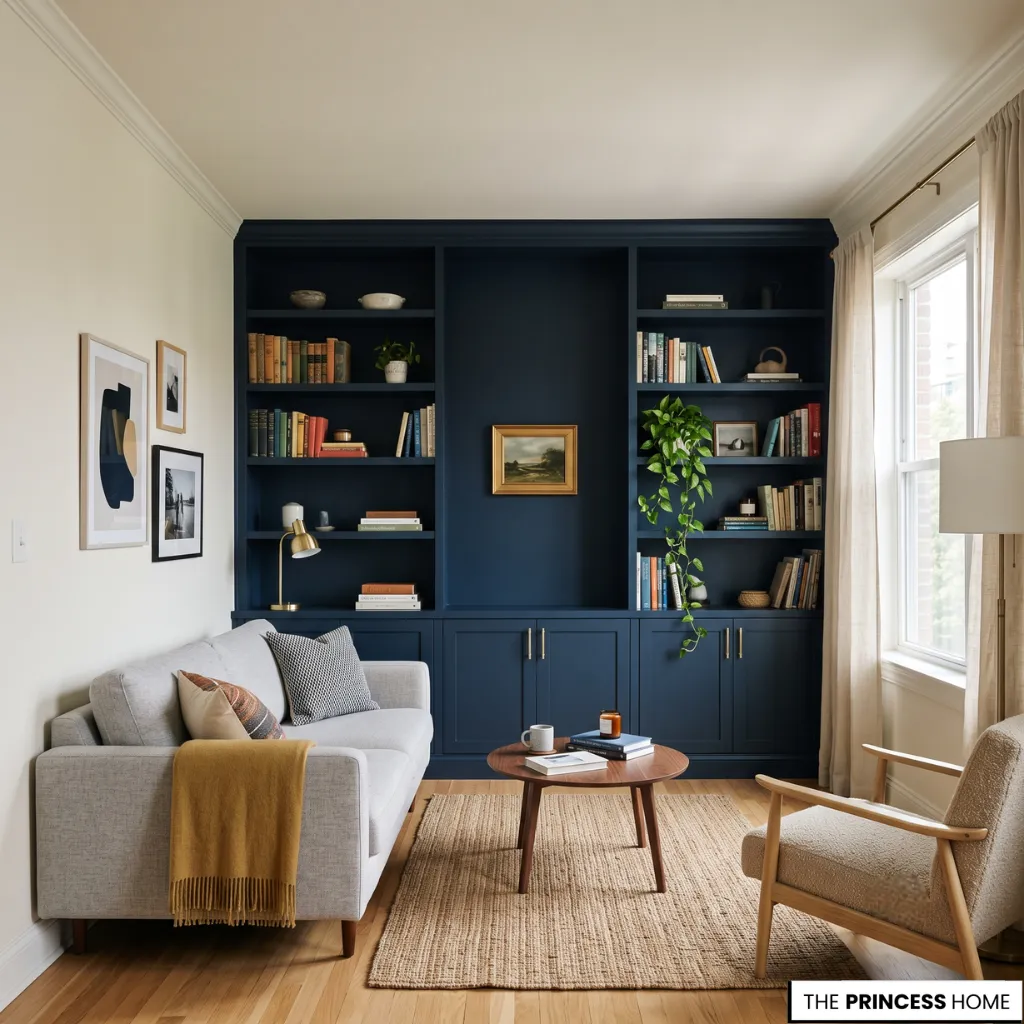 Living room with navy blue built-in bookshelves, gray sofa, wood coffee table, and natural light.