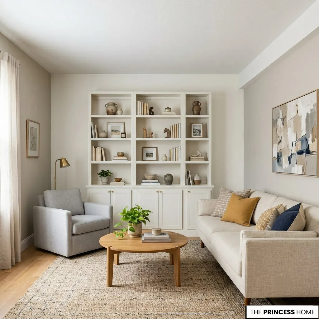 Neutral living room with built-in bookshelves, beige sofa, round wood coffee table, and soft natural light.