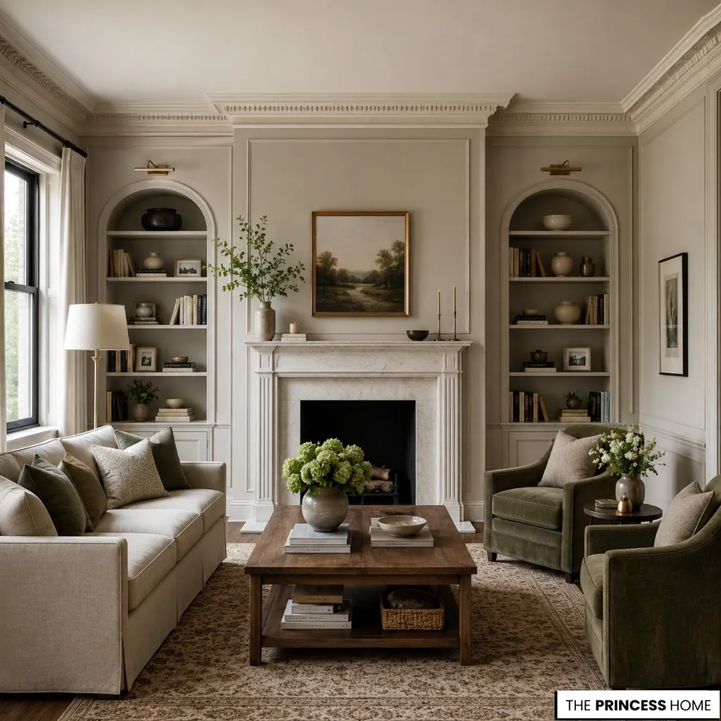 Neutral living room with crown molding, built-in shelves, marble fireplace, and elegant traditional decor.