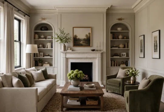Neutral living room with a marble fireplace, crown molding, built-in shelves, and elegant traditional decor.