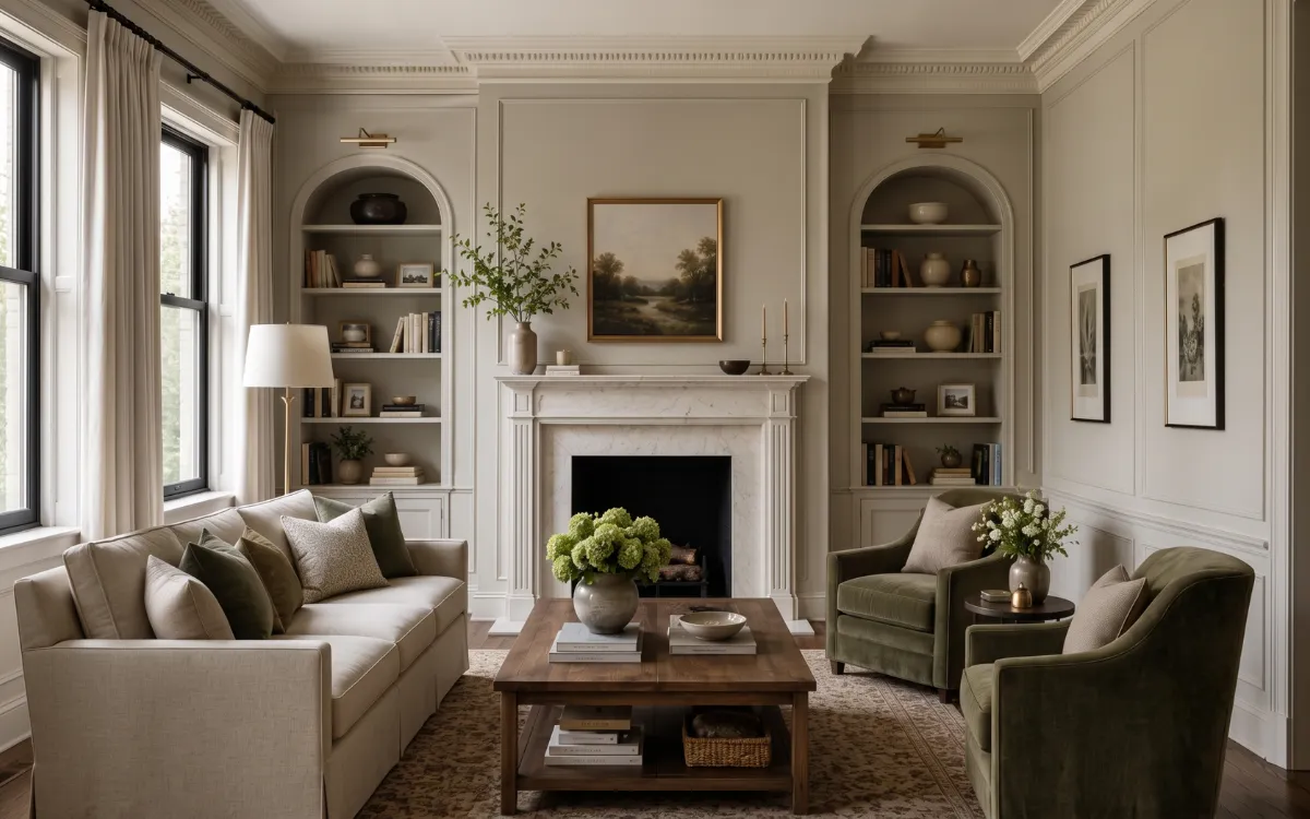 Neutral living room with a marble fireplace, crown molding, built-in shelves, and elegant traditional decor.