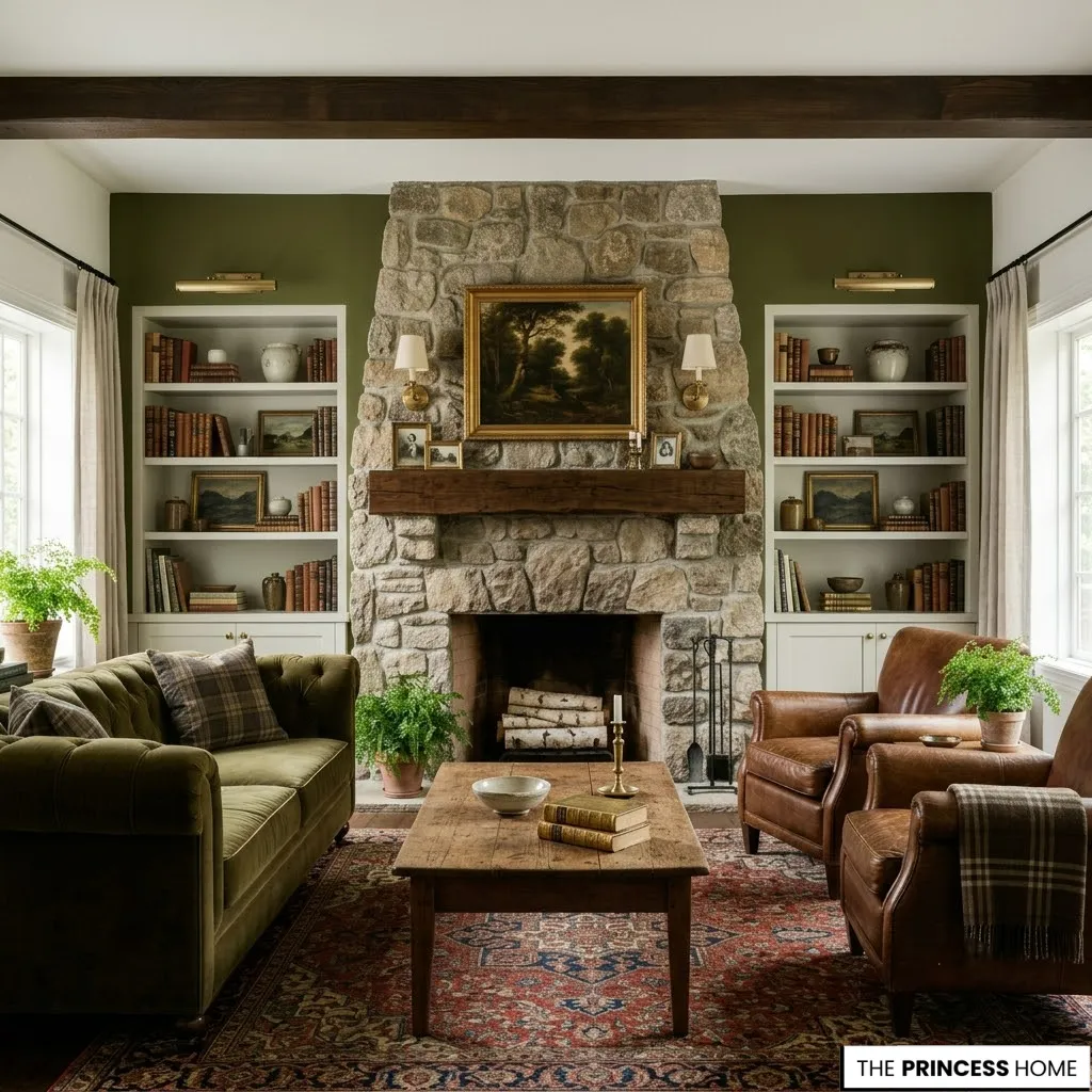 Olive green living room with a stone fireplace, leather chairs, built-in shelves, and rustic wood accents.