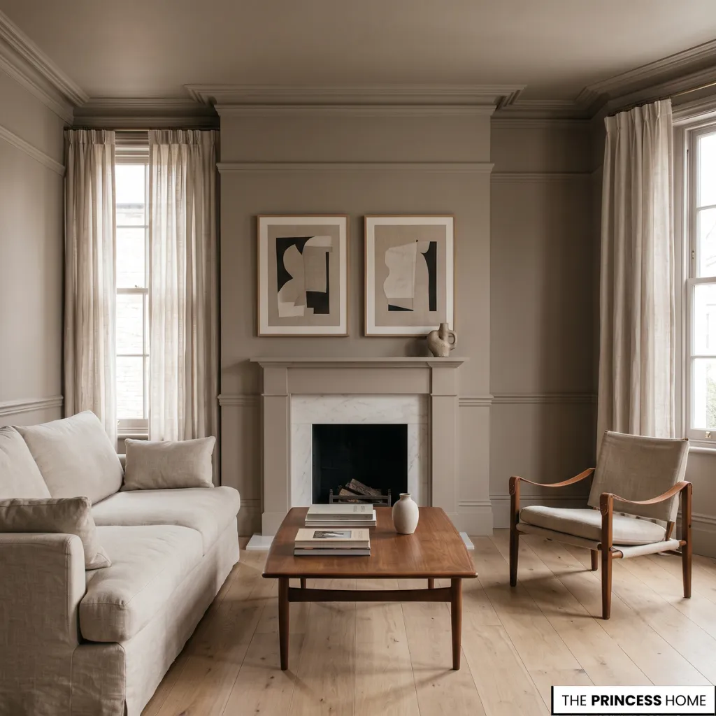 Painting Small Rooms showing a compact living room painted in warm greige instead of bright white.