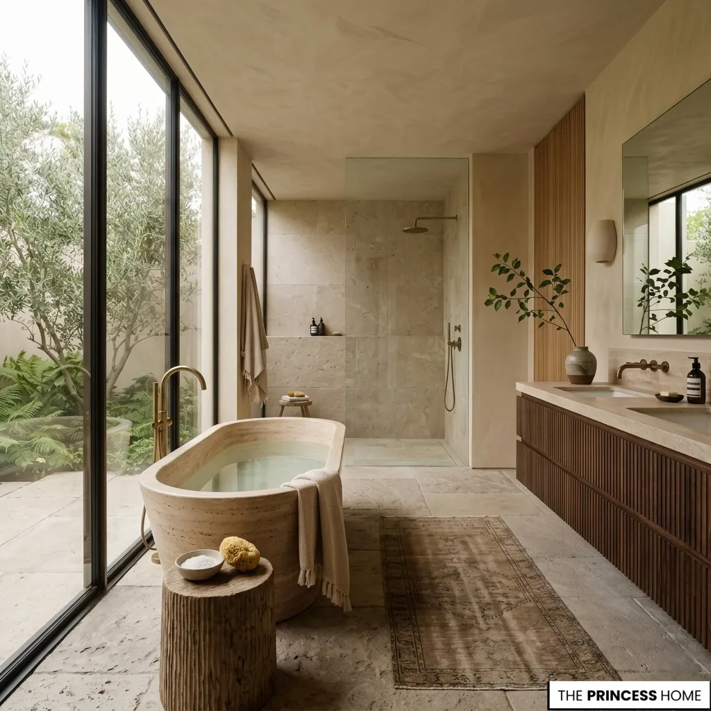 view of a 2027 luxury bathroom featuring a fluted wood floating vanity