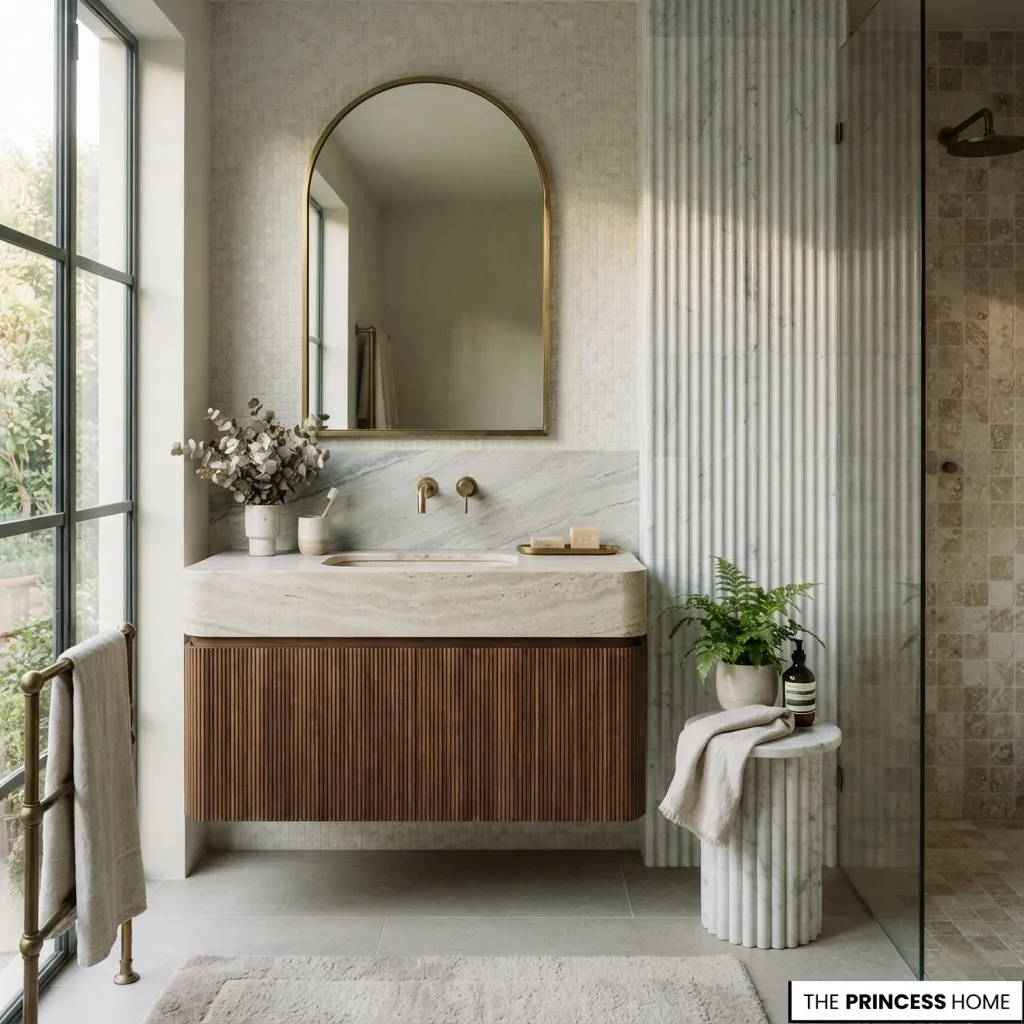 Quiet luxury bathroom with a fluted wood vanity, travertine sink, arched mirror, and brass fixtures.