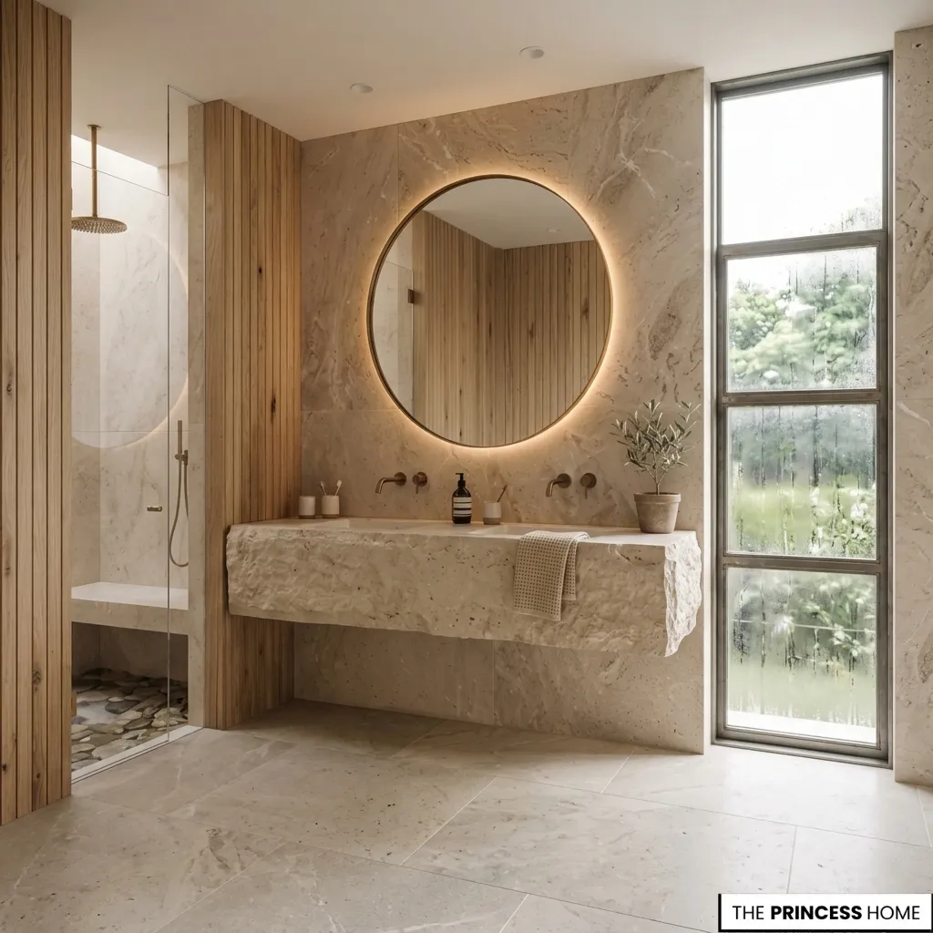 A quiet luxury bathroom featuring a rough-hewn natural stone floating vanity