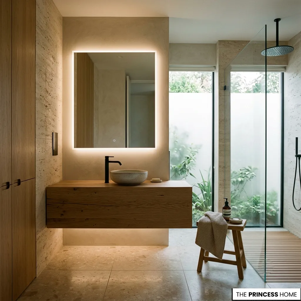 A modern 2027 bathroom displaying a floating warm wood vanity with a ceramic vessel sink and a matte black faucet