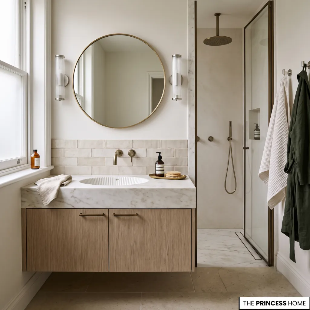 Modern quiet luxury bathroom with a light wood floating vanity, marble counter, round mirror, and walk-in shower.