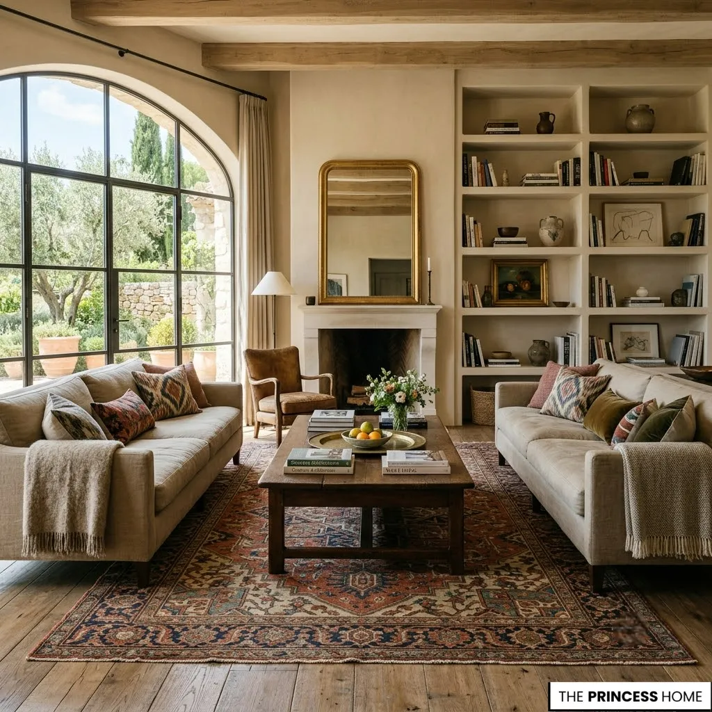 Rustic living room with arched windows, fireplace, built-in shelving, two beige sofas, and a vintage Persian rug.