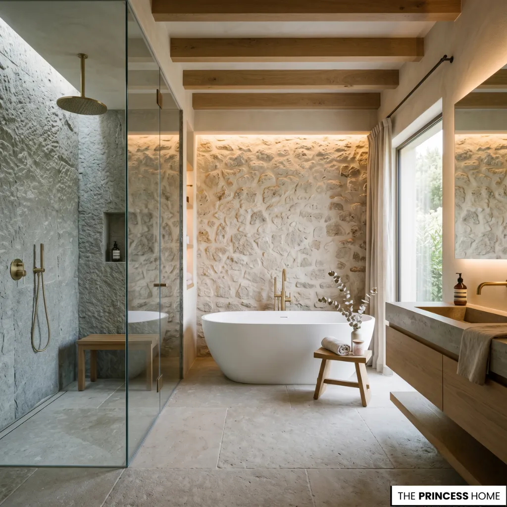 Rustic modern bathroom featuring a freestanding bathtub, natural stone accent wall, glass walk-in shower, floating wood vanity, and exposed ceiling beams.