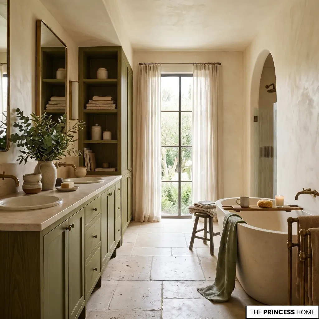 Sage green double bathroom vanity with freestanding bathtub, limestone flooring, and large window.