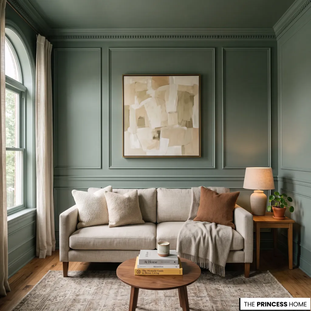 Sage green living room with wall paneling, beige sofa, wood coffee table, and neutral decor.