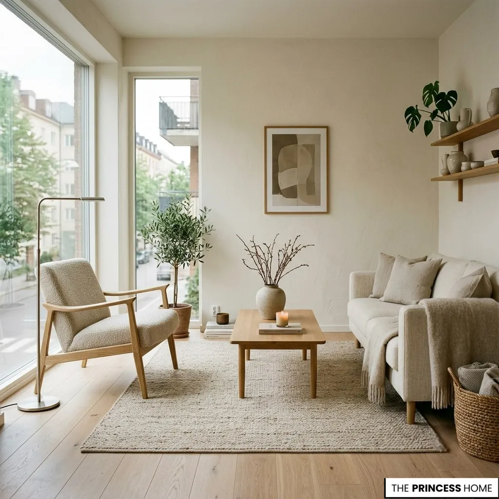 Living room rug scaled for a small apartment with an open and airy layout.