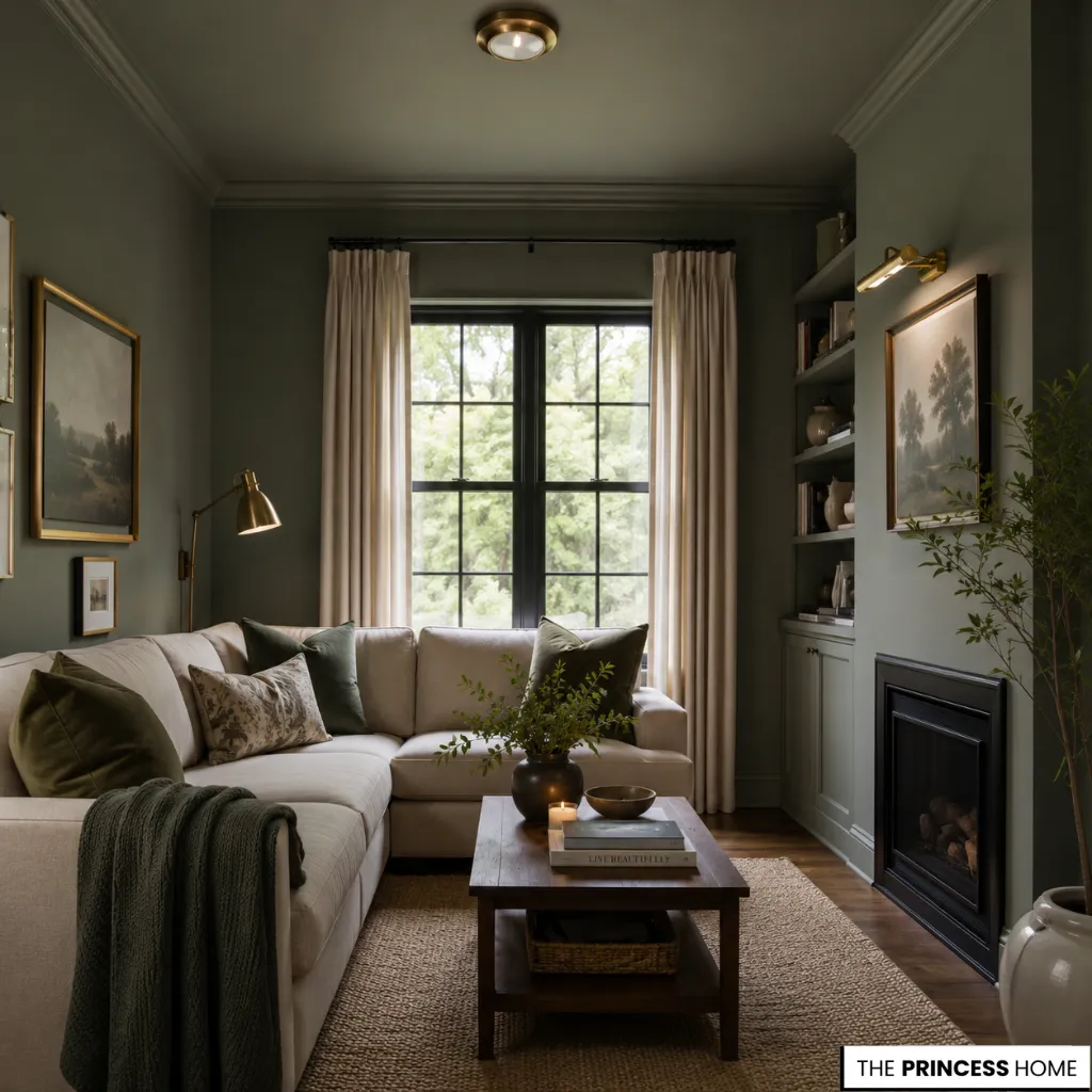 A cozy, small living room with sage green walls and a matching painted ceiling