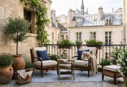 Small Ralph Lauren balcony with elegant outdoor seating, terracotta planters, olive tree, and classic navy accents.