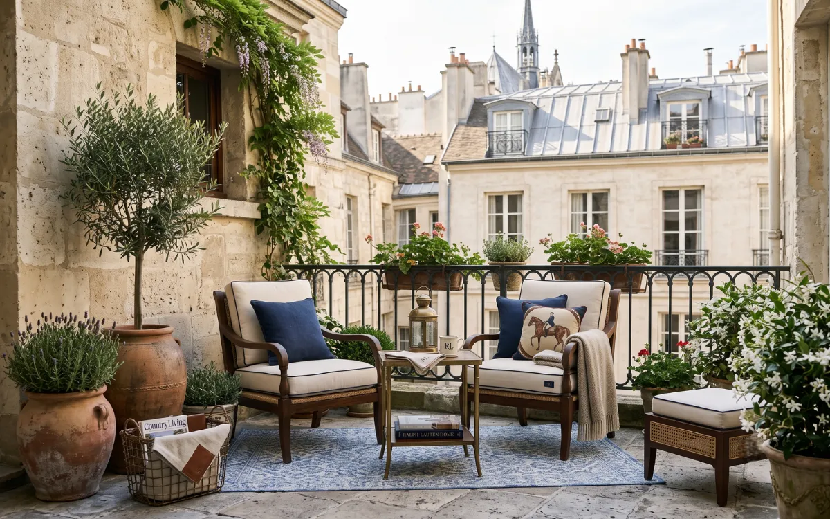 Small Ralph Lauren balcony with elegant outdoor seating, terracotta planters, olive tree, and classic navy accents.