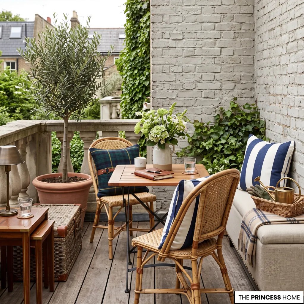 Small Ralph Lauren balcony with rattan chairs, olive tree, striped cushions, and a compact wooden bistro table.