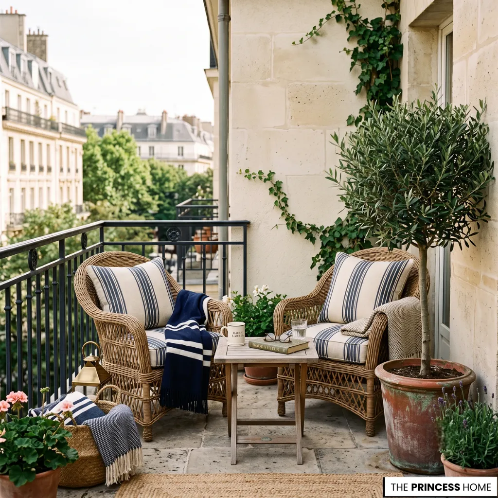 Small Ralph Lauren balcony featuring woven seating, teak furniture, and olive tree styling.