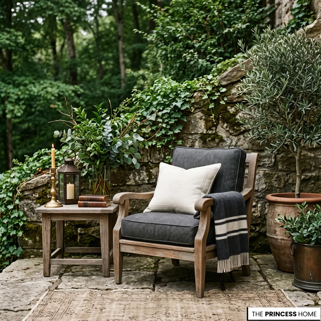 Small Ralph Lauren outdoor palette featuring ivory linen, weathered wood, brass, and natural stone.