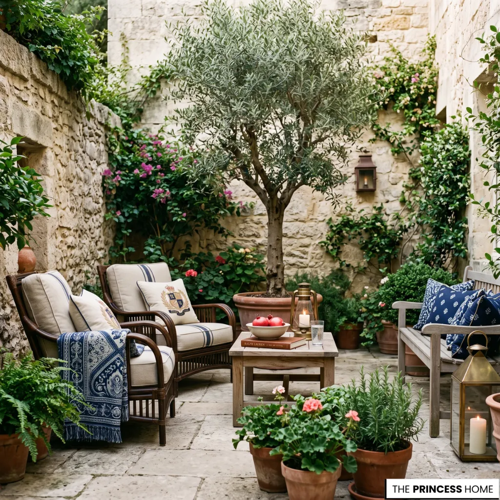 Small Ralph Lauren courtyard with layered greenery, teak seating, and warm stone architecture.