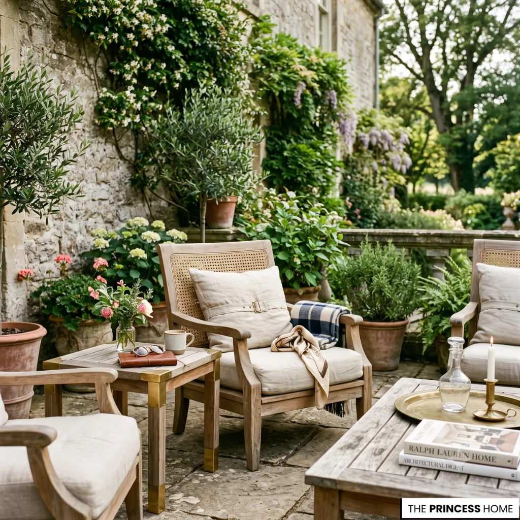 Small Ralph Lauren seating area showcasing timeless craftsmanship with natural materials and woven furniture.