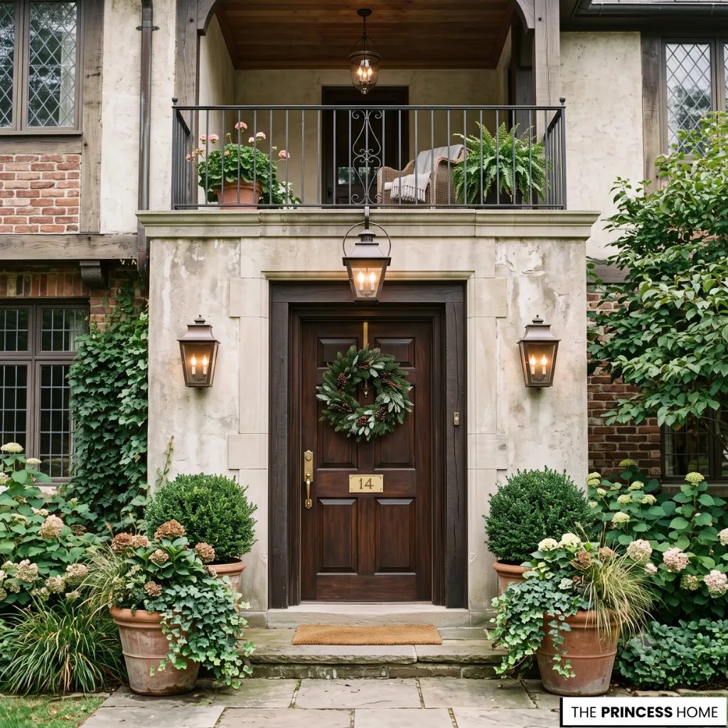 Small Ralph Lauren front entrance with brass lanterns, terracotta planters, boxwood shrubs, and a dark wood door.