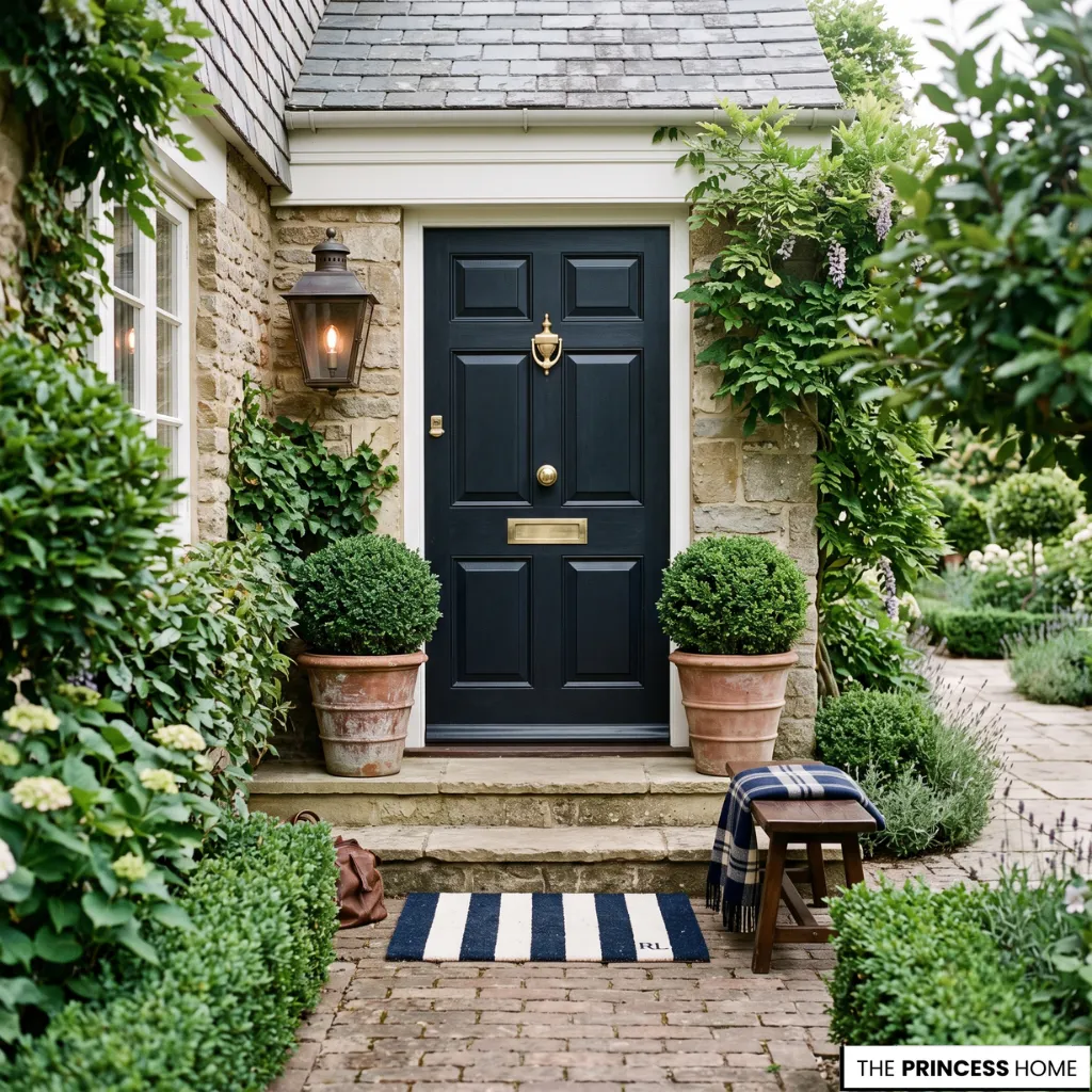 Small Ralph Lauren front entrance with brass lanterns, stone steps, and elegant terracotta planters.