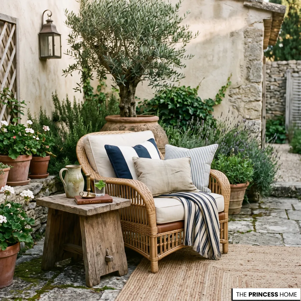 Small Ralph Lauren outdoor seating corner with woven chair, wooden table, and neutral linen cushions.