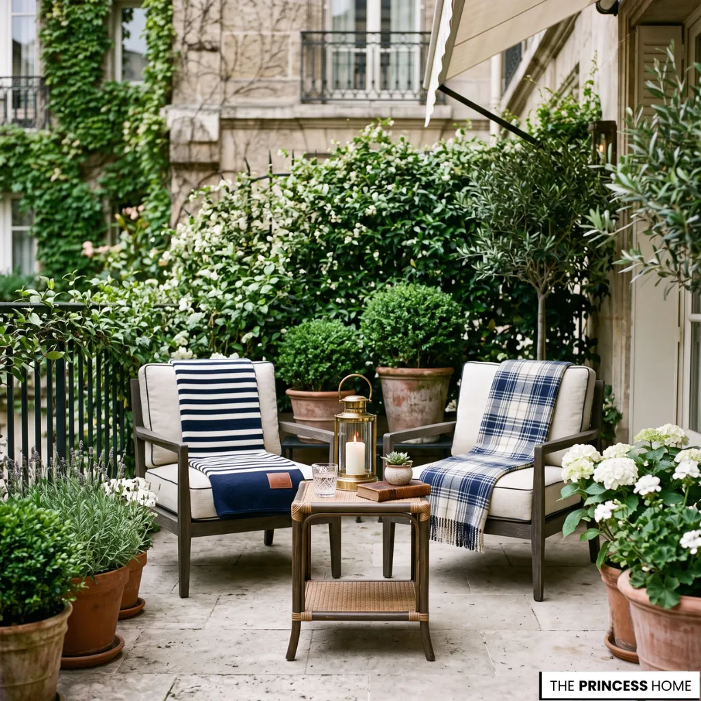 Small Ralph Lauren patio with cushioned lounge chairs, striped textiles, brass lantern, and lush potted greenery.