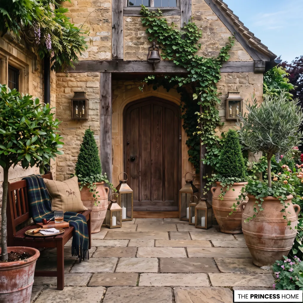 Small Ralph Lauren outdoor garden with terracotta planters, olive trees, and layered natural textures.