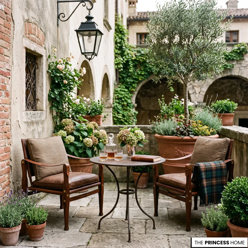 Small Ralph Lauren outdoor retreat with warm lanterns, woven seating, natural stone, and timeless quiet luxury.