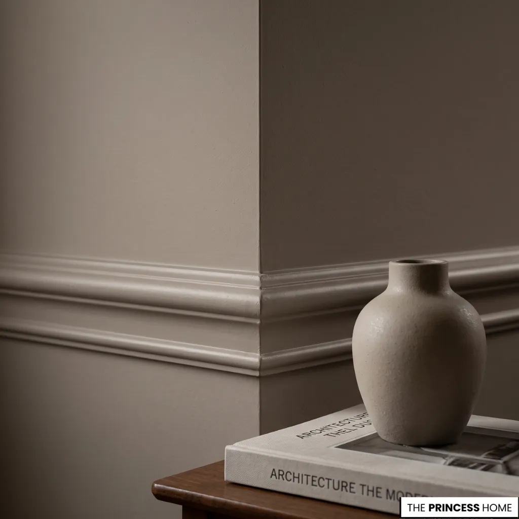 Taupe painted wall with decorative molding, ceramic vase, and architectural book in a warm neutral interior.